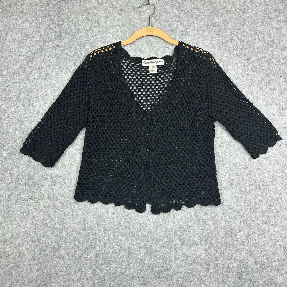 VTG Norm Thompson Black Crochet Knit Cardigan Sweater Sz S Linen Cotton Scallop